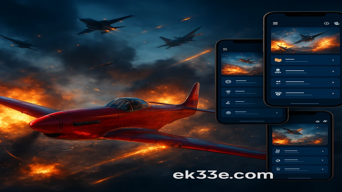 লাল পুরোনো বিমান জ্বলন্ত আকাশে উড়ছে, এবং ek33-এ অ্যাভিয়েটর গেমের মোবাইল ইন্টারফেসের বহু দৃশ্য কয়েকটি কোণায় রাখা স্মার্টফোনে প্রদর্শিত হচ্ছে।