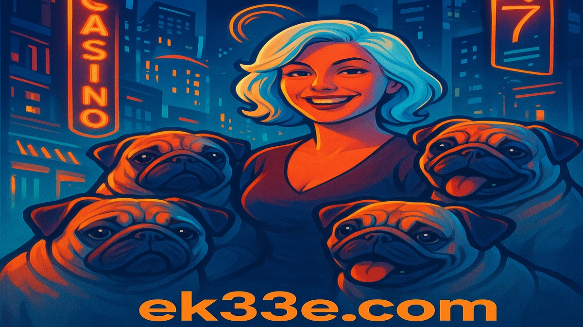 ek33-এ দ্য হাউস মেগাওয়ে গেমটির প্রচারমূলক আর্ট, যেখানে সাদা চুলের এক নারীকে রাতের শহরে বহু বড়, কঠোর-চেহারা কুকুরদের ঘিরে দেখা যাচ্ছে।