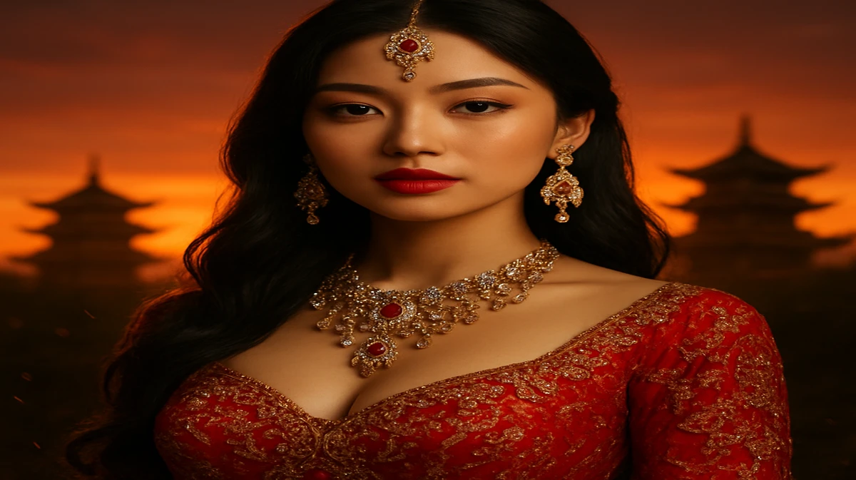 একটি শান্ত মন্দিরের সামনে ঐতিহ্যবাহী পোশাক ও জটিল অলংকারে ভরপুর এক অপূর্ব সুন্দর এশীয় নারী দাঁড়িয়ে আছেন; সামনে ek33 প্ল্যাটফর্মের নক্সা-আলংকারিক দৃশ্যটি দেখা যায়।