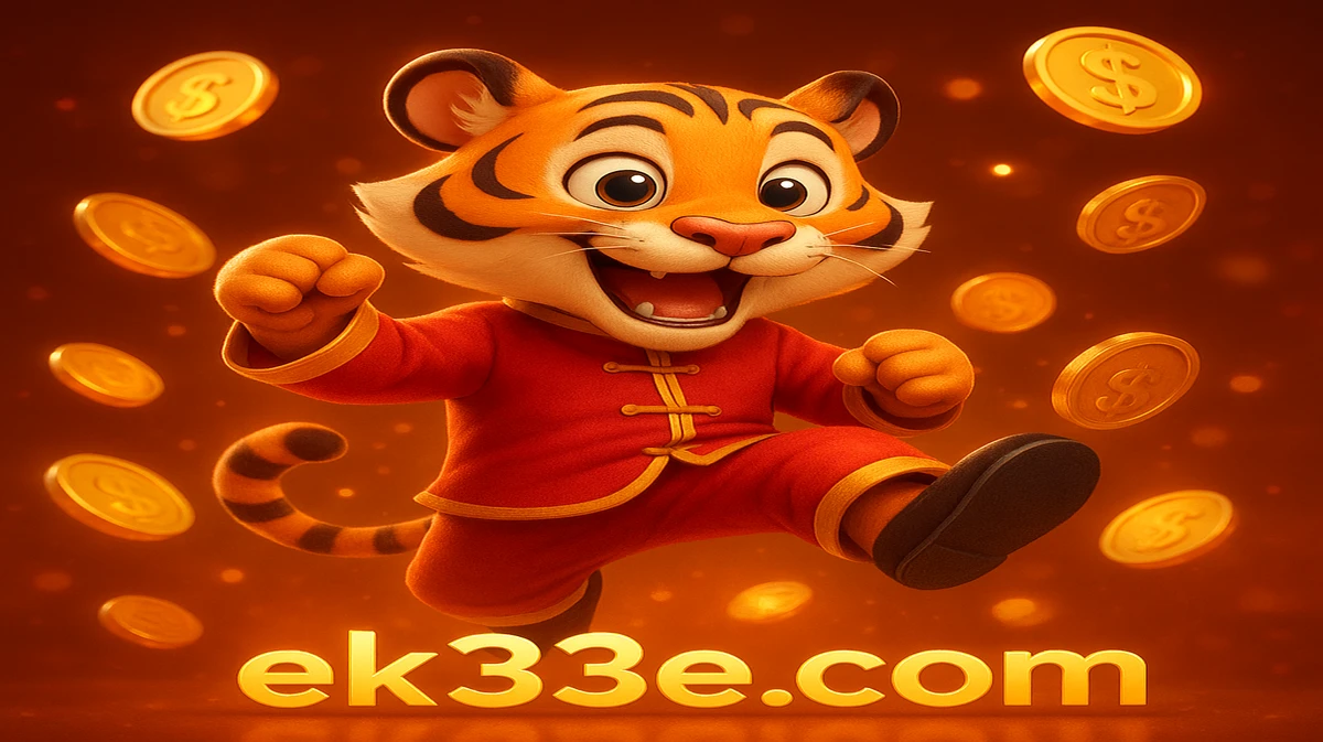 ek33 এর ফরচুন টাইগার গেমটির মিষ্টি কার্টুন মূর্তি একটি মার্শাল আর্টস-স্টাইল পোজ নিচ্ছে, সোনার মুদ্রার বর্ষণ ও ভাগ্যবান লাল লণ্ঠনের মাঝে।